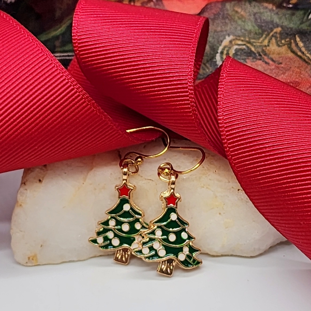 ❤️ Minimalist Christmas Gold Jewelry Holidays Stars Green Tree Earrings
